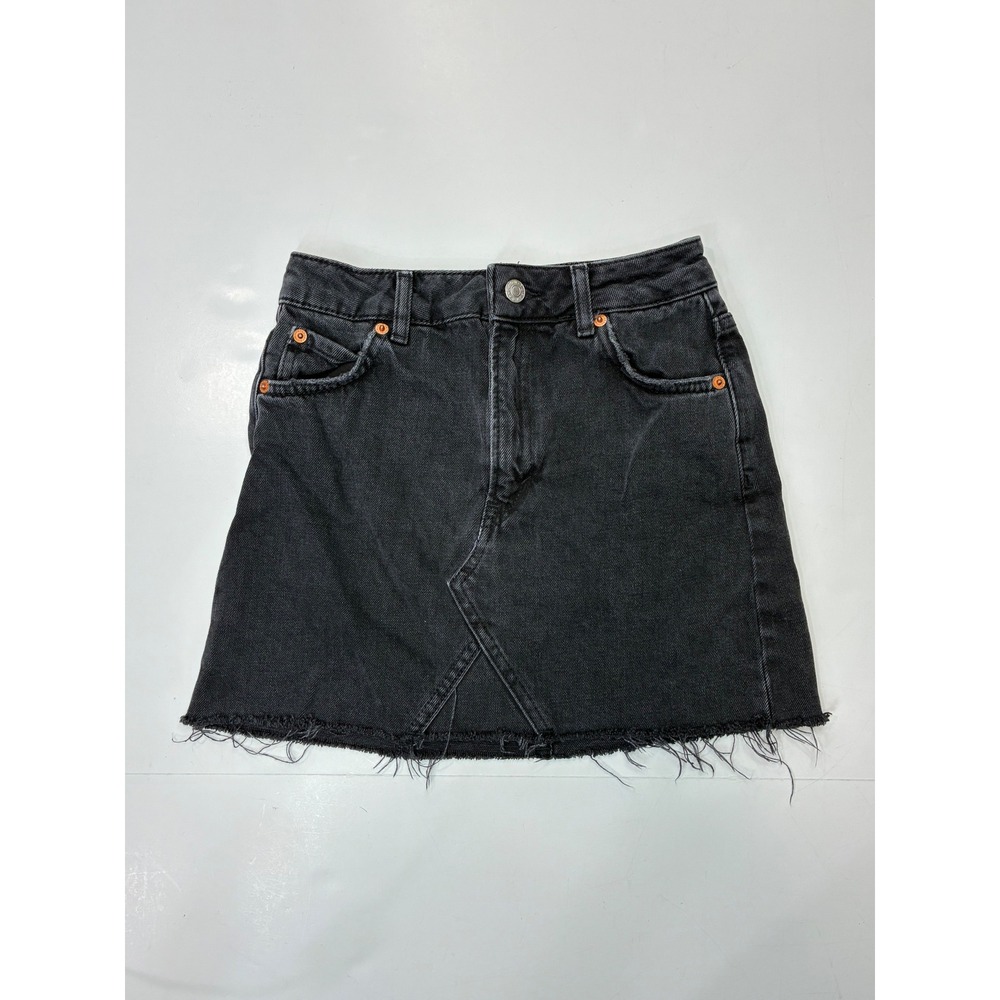 Topshop Moto Black Denim‎ Mini Skirt Raw Hem High Waisted Size 2 EUR 34